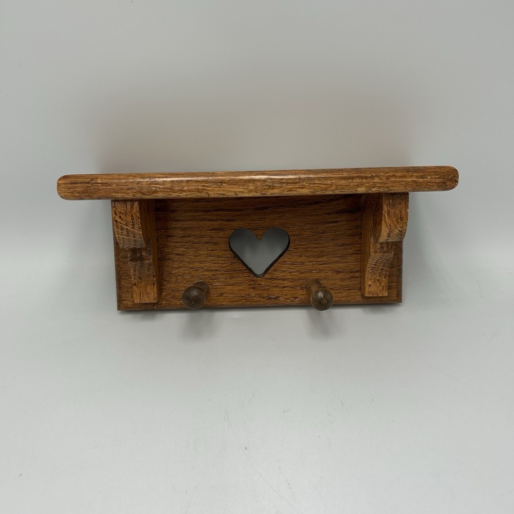 VTG Wood Wall Shelf Heart Cutout 2 Pegs Handmade Rustic Farmhouse Cottagecore
